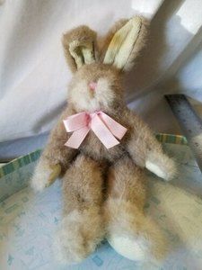 Plush  Bunny Pink Bow Soft Fuzzy Small Corduroy Paws Ears Bendable
